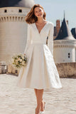 Ivory A-Line V-Neck Jacquard Midi Bridal Shower Dress
