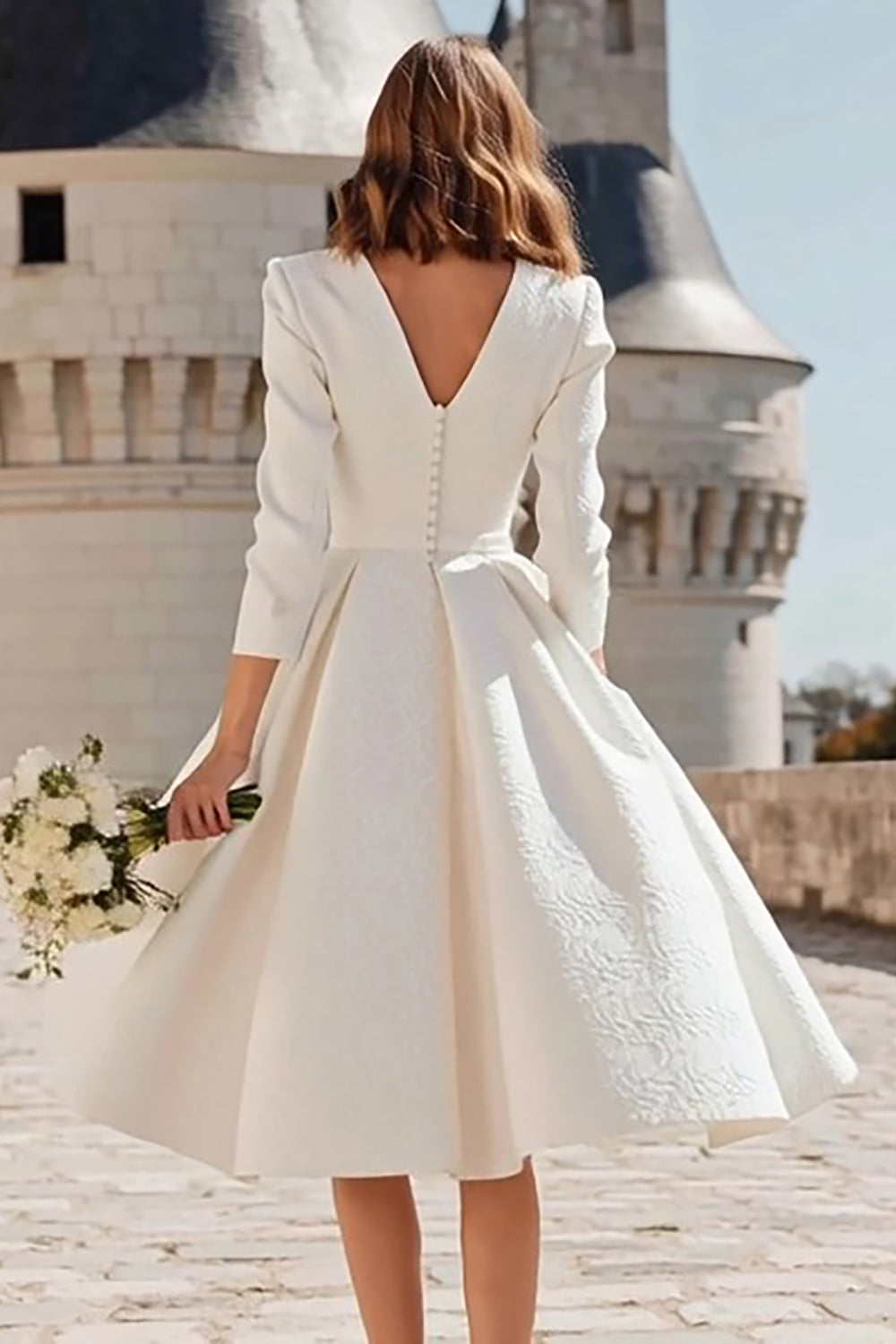 Berylove Women Ivory A-Line Bridal Shower Dress V-Neck Jacquard Long Sleeves Ruched Midi Wedding Rehearsal Dress, Ivory / US14 Berylove Women Ivory A-Line Bridal Shower Dress V-Neck Jacquard Long Sleeves Ruched Midi Wedding Rehearsal Dress, Ivory / US14