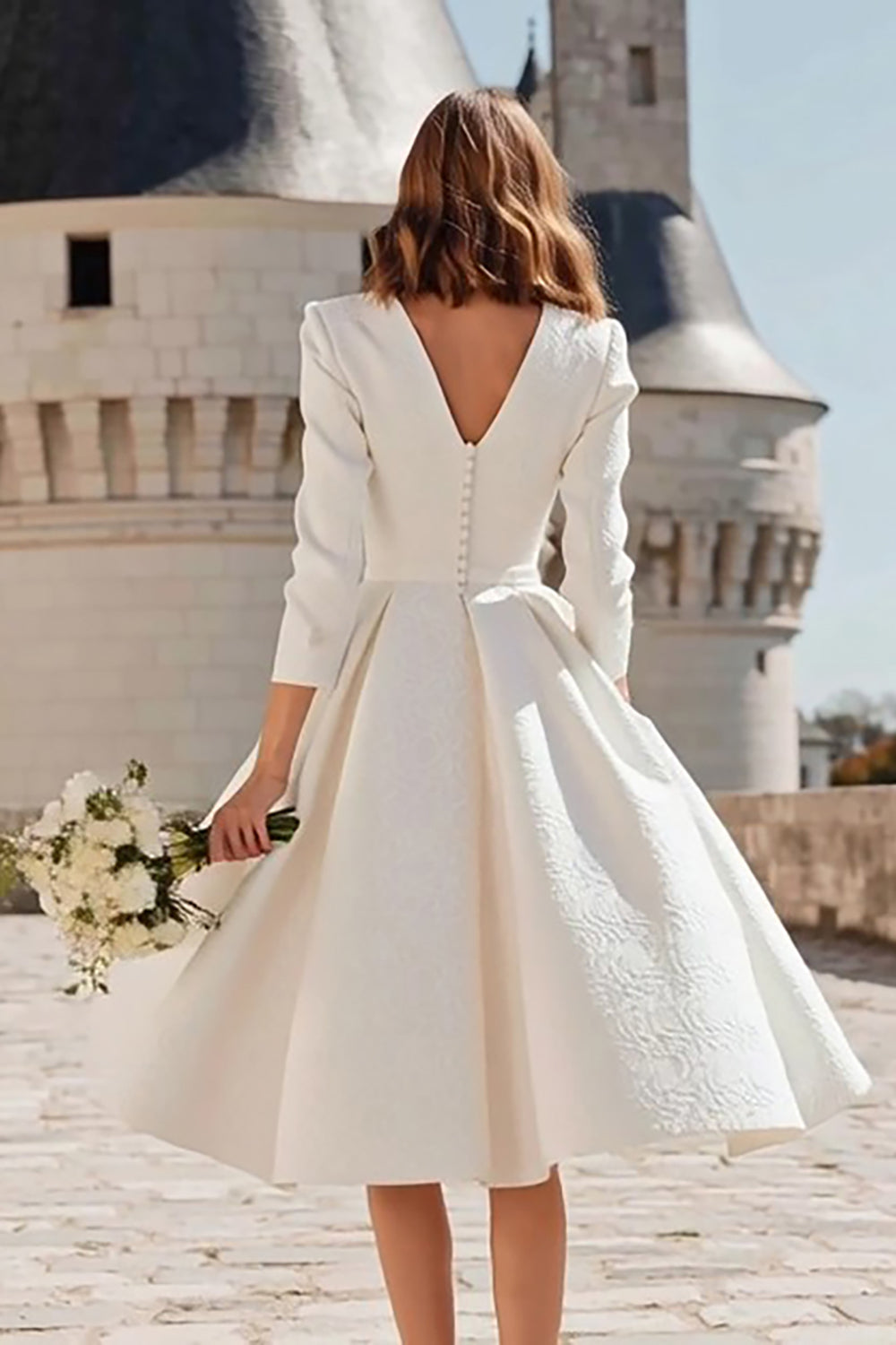 Berylove Women Ivory Midi Bridal Shower Dress V-Neck Jacquard A-Line Ruched Engagement Dress with Long Sleeves, Ivory / US8 Berylove Women Ivory Midi Bridal Shower Dress V-Neck Jacquard A-Line Ruched Engagement Dress with Long Sleeves, Ivory / US8