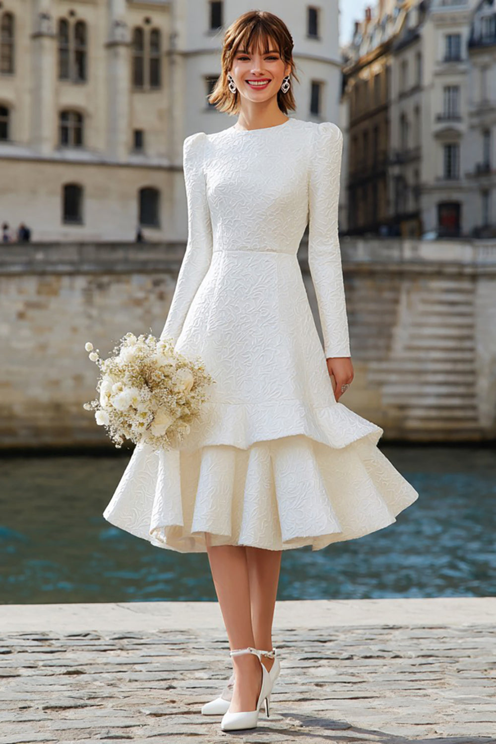 Berylove Women Ivory Rehearsal Dinner Dress Ruffled A-Line Long Sleeves Jacquard Midi Bridal Shower Dress
