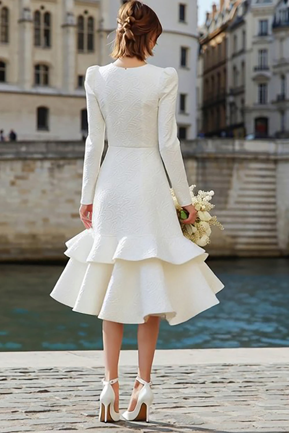 Berylove Women Ivory Rehearsal Dinner Dress Ruffled A-Line Long Sleeves Jacquard Midi Bridal Shower Dress, Ivory / US16 Berylove Women Ivory Rehearsal Dinner Dress Ruffled A-Line Long Sleeves Jacquard Midi Bridal Shower Dress, Ivory / US16