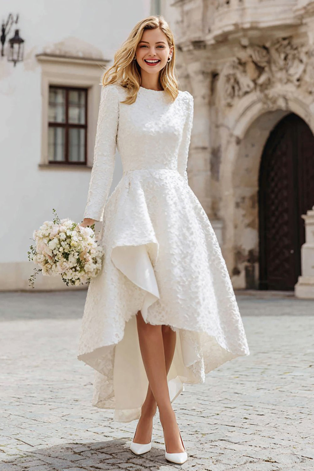 A-Line Ivory Long Sleeves High-Low Wedding Dress A-Line Ivory Long Sleeves High-Low Wedding Dress