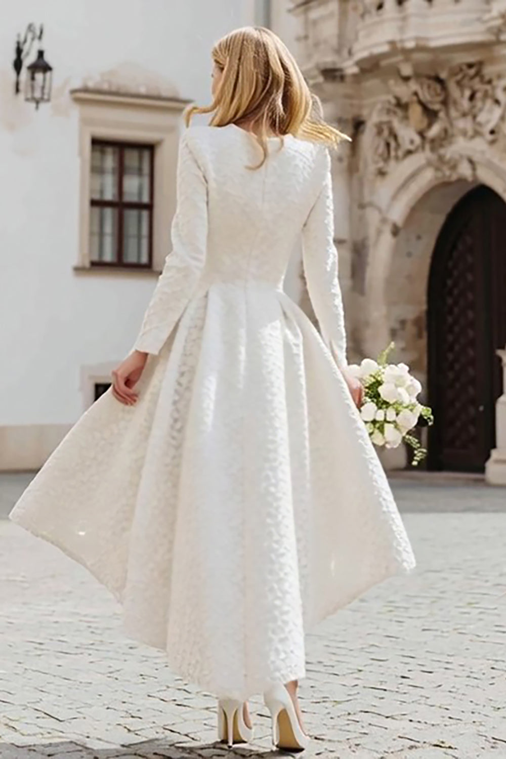 Berylove Women Ivory A-Line Wedding Dress Long Sleeves High-Low Bridal Shower Dress, Ivory / US8 Berylove Women Ivory A-Line Wedding Dress Long Sleeves High-Low Bridal Shower Dress, Ivory / US8