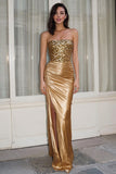 Sparkly Gold Strapless Ruched Sheath Prom Dress With Slit