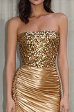 Sparkly Gold Strapless Ruched Sheath Prom Dress With Slit