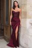 Burgundy Mermaid Strapless Sequined Prom Dress With Slit