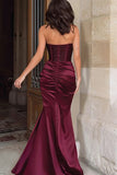 Burgundy Mermaid Strapless Sequined Prom Dress With Slit
