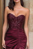 Burgundy Mermaid Strapless Sequined Prom Dress With Slit
