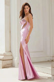 Pink Mermaid Beaded Sweetheart Cut Out Prom Dress With Slit