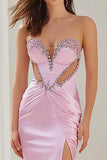 Pink Mermaid Beaded Sweetheart Cut Out Prom Dress With Slit
