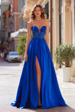 Royal Blue Sweetheart A-Line Beaded Prom Dress With Slit