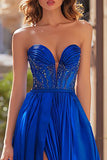 Royal Blue Sweetheart A-Line Beaded Prom Dress With Slit