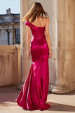 One Shoulder Fuchsia Mermaid Ruched Prom Dress With Slit