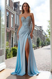 Sky Blue Mermaid Appliqued Sweetheart Prom Dress With Slit