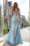 Sky Blue Mermaid Appliqued Sweetheart Prom Dress With Slit