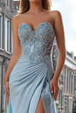 Sky Blue Mermaid Appliqued Sweetheart Prom Dress With Slit