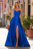 Sweetheart Royal Blue Satin A-Line Prom Dress With Slit