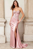 Pink Beaded Sweetheart Mermaid Satin Prom Dress With Slit