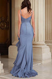Dusty Blue Ruffled Mermaid Spaghetti Straps Prom Dress With Slit
