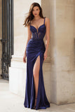 Navy Satin Spaghetti Straps Ruched Prom Dress With Slit