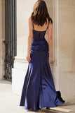 Navy Satin Spaghetti Straps Ruched Prom Dress With Slit