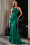 One Shoulder Dark Green Satin Mermaid Prom Dress With Side Cape