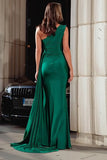One Shoulder Dark Green Satin Mermaid Prom Dress With Side Cape