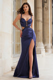 Navy Mermaid Cut Out Beaded Prom Dress With Slit