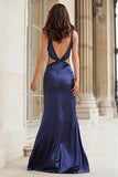 Navy Mermaid Cut Out Beaded Prom Dress With Slit