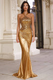 Gold Halter Pleated Mermaid Gala Dress With Sequins