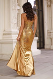 Gold Halter Pleated Mermaid Gala Dress With Sequins