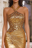 Gold Halter Pleated Mermaid Gala Dress With Sequins