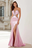 Sweetheart Pink Beaded Mermaid Cut Out Long Prom Dress With Slit