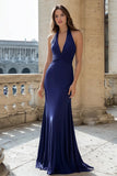 Navy Mermaid Halter Long Satin Prom Dress
