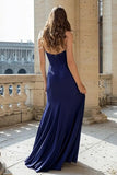 Navy Mermaid Halter Long Satin Prom Dress
