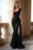 Black One Shoulder Ruched Mermaid Maxi Prom Dress With Sash
