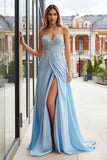 Sky Blue Sweetheart Appliqued A-Line Prom Dress With Slit