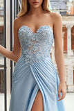 Sky Blue Sweetheart Appliqued A-Line Prom Dress With Slit