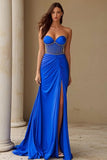 Royal Blue Sweetheart Beaded Satin Prom Dress With Slit