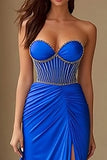 Royal Blue Sweetheart Beaded Satin Prom Dress With Slit