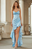 Halter Ruffled Sky Blue Satin High-Low Prom Dress