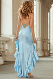 Halter Ruffled Sky Blue Satin High-Low Prom Dress