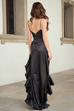 Black Sheath Spaghetti Straps High-Low Prom Dress With Ruffles
