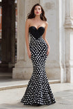 Black White Dot Satin Sweetheart Mermaid Prom Dress