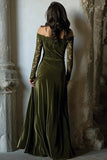 Off The Shoulder Olive Velvet Sheath Holiday Dress With Lace Appliques