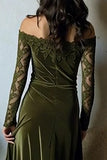 Off The Shoulder Olive Velvet Sheath Holiday Dress With Lace Appliques