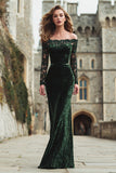 Dark Green Off The Shoulder Velvet Lace Mermaid Holiday Dress With Long Sleeves