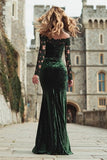 Dark Green Off The Shoulder Velvet Lace Mermaid Holiday Dress With Long Sleeves