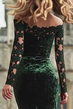 Dark Green Off The Shoulder Velvet Lace Mermaid Holiday Dress With Long Sleeves