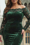Dark Green Off the Shoulder Velvet Plus Size Holiday Dress